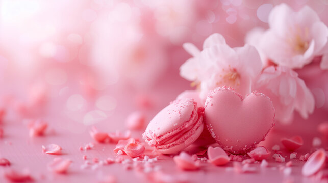 Macaroon and heart shaped cookie on a pink background