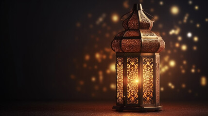 Ornamental Arabic lantern with burning candle glowing at night mosque background. Festive greeting card, invitation for Muslim holy month Ramadan Kareem