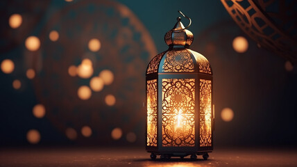 Ornamental Arabic lantern with burning candle glowing at night mosque background. Festive greeting card, invitation for Muslim holy month Ramadan Kareem