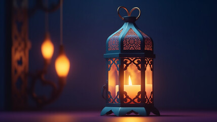 Ornamental Arabic lantern with burning candle glowing at night mosque background. Festive greeting card, invitation for Muslim holy month Ramadan Kareem