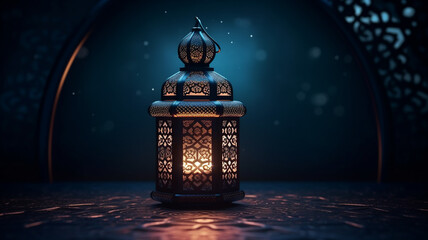 Ornamental Arabic lantern with burning candle glowing at night mosque background. Festive greeting card, invitation for Muslim holy month Ramadan Kareem