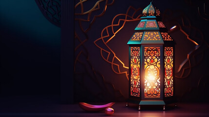 Ornamental Arabic lantern with burning candle glowing at night. Festive greeting card, invitation for Muslim holy month Ramadan Kareem