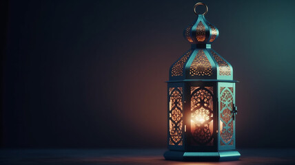 Ornamental Arabic lantern with burning candle glowing at night mosque background. Festive greeting card, invitation for Muslim holy month Ramadan Kareem