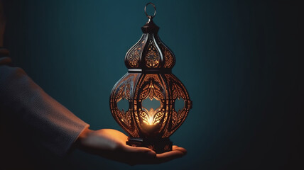 Ornamental Arabic lantern with burning candle glowing at night. Festive greeting card, invitation for Muslim holy month Ramadan Kareem