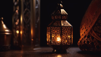 Ornamental Arabic lantern with burning candle glowing in hand. Festive greeting card, invitation for Muslim holy month Ramadan Kareem