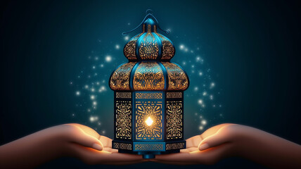 Ornamental Arabic lantern with burning candle glowing in hand. Festive greeting card, invitation for Muslim holy month Ramadan Kareem