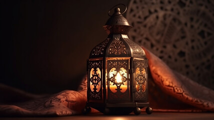 Ornamental Arabic lantern with burning candle glowing in hand. Festive greeting card, invitation for Muslim holy month Ramadan Kareem