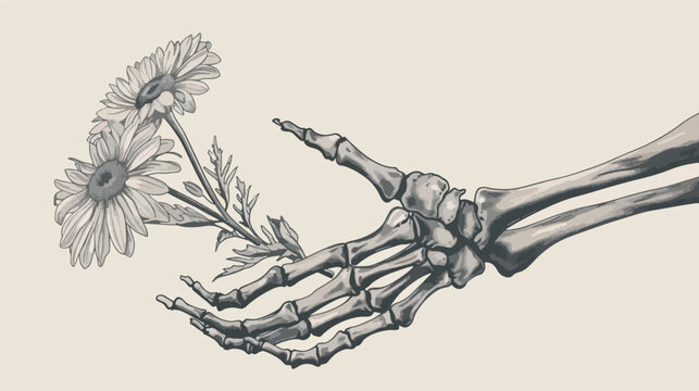 Hand drawing vintage skeleton holding flower.