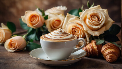 Obraz na płótnie Canvas Cappuccino in a beautiful cup plus a rich croissant and all this against the background of a gorgeous bouquet of roses. generative AI