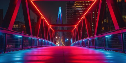 Fototapeta na wymiar Vibrant Lights Illuminate A City Bridge In The Night
