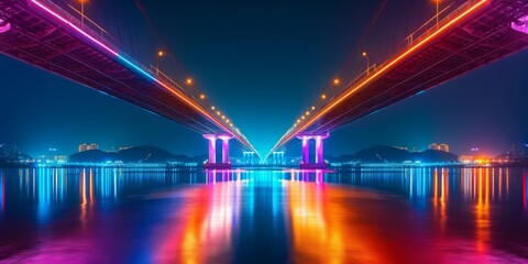 Fototapeta na wymiar Glimpsing The Vibrant Illumination Of A City Bridge At Night