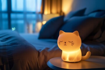 Nightlight In The Shape Of Cute Cat, Standing On The Bedside Table Next To The Bed - obrazy, fototapety, plakaty