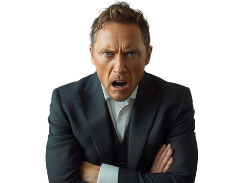 Angry businessman shouting with open mouth in portrait