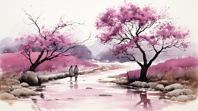 a painting is depicting a couple walking next to the river with cherry trees