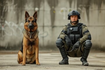 Security Professional And Highly Trained Police Dog Work Together