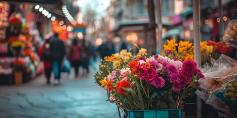 Fototapeta na wymiar Street Vendor Sells Flowers In Busy City Area