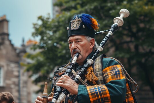 Scottish Bagpiper In Traditional Attire Playing At Cultural Event