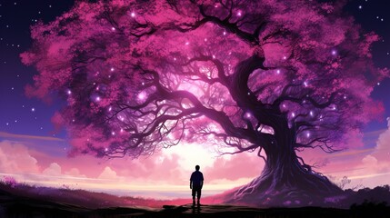 a man standing under a large tree with glowing stars in the sky