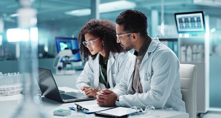 Science, teamwork and scientist with laptop in laboratory for communication, pharmaceutical review...