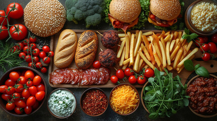 Top view of various foods.