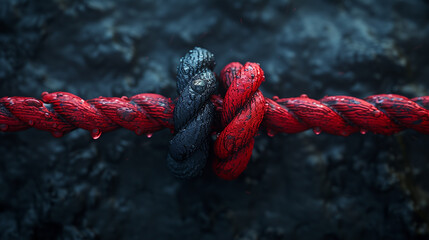 Two ropes of red and black tied into a knot. - 730086745