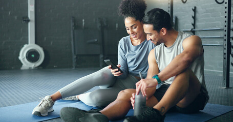 Smartphone, fitness and personal trainer talking to client for exercise goal planning on mobile...