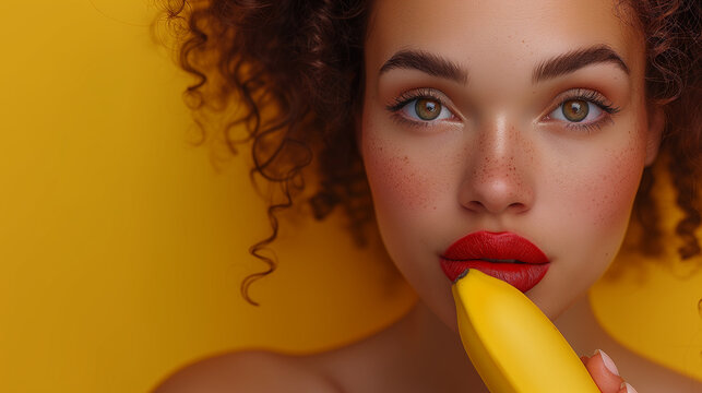 Sexy woman with red lips and banana fruit next to her face
