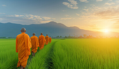 Morning Ritual: Buddhist Monks And Novices Crossing A Rice Field In A Row To Receive Food In A Village - obrazy, fototapety, plakaty