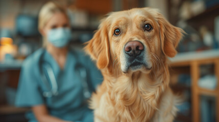 Female veterinarian and dog sitting waiting for treatment in the animal hospital