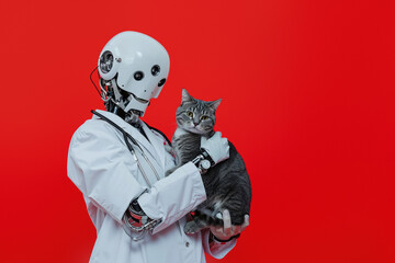 A charming studio photo of a joyful robot doctor holding a cat against a red backdrop