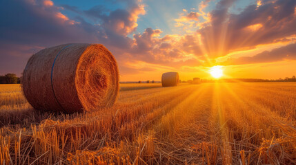 Hay bale at sunset, harvest concept. Autumn rural landscape with sunflares on sunset over the harvested field with hay bale. Straw Bale Gardening