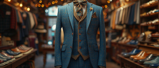 Wedding male clothes on a mannequin. - obrazy, fototapety, plakaty