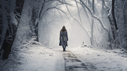 A bundled woman strolls on a snowy path in winter - obrazy, fototapety, plakaty