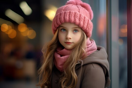 Portrait of a beautiful little girl in a pink hat and coat.