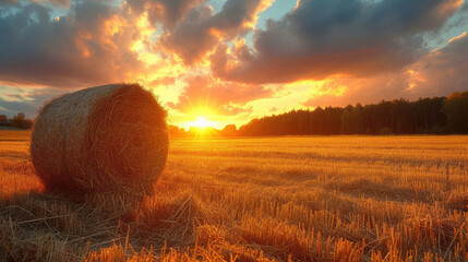 Hay bale at sunset, harvest concept. Autumn rural landscape with sunflares on sunset over the harvested field with hay bale. Straw Bale Gardening - obrazy, fototapety, plakaty