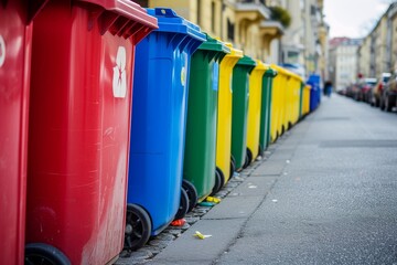 Colorful Bins Lined Up On Busy City Street, Ready For Recycling
