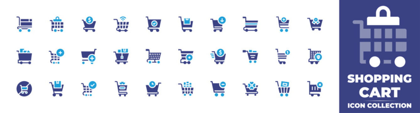 Shopping cart icon collection. Duotone color. Vector and transparent illustration. Containing shopping cart, add to cart, cart minus, no shopping cart, cart.