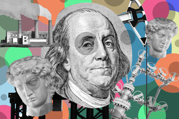 Pop art collage with antique statue head, industrial objects and portrait Benjamin Franklin from the 100 dollars bill. Alternative zine culture. Surreal poster, template for concept design or cover.