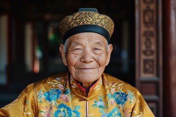 Fototapeta premium Elderly Chinese Man With Warm Smile And Traditional Clothing
