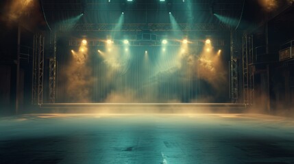 Music stage with elements of smoke and spotlights