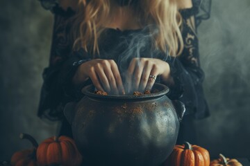 Spooky Halloween Witch Brews A Mystic Potion In Her Smoky, Bubbling Cauldron - obrazy, fototapety, plakaty