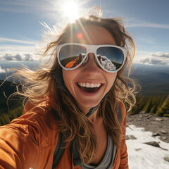 Shot from low angle of a girl in an orange jacket takes a selfie at a high altitude, with clouds and landscapes forming the backdrop under the bright sun