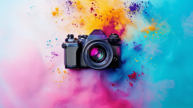 pink abstract photo camera on the background of colored paint rainbow splashes isolated on pastel blue background with copy space. creativity , fine art,photography concept