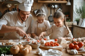 Joyful Family Creating Culinary Masterpieces, Kids Delightfully Embracing The Chaos