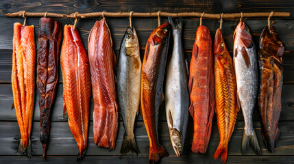 Fototapeta premium Assorted Smoked Fish Hanging on a Rope