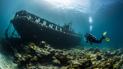 A diver freely gliding above a shipwreck in shall