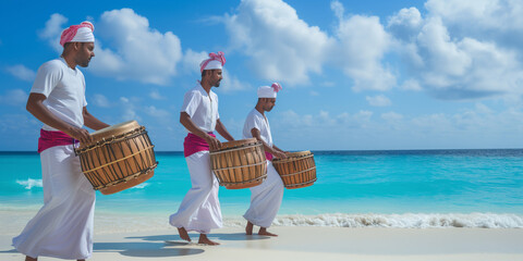 Maldivian Bodu Beru Drummers Playing Traditional Drums At The Beach - obrazy, fototapety, plakaty