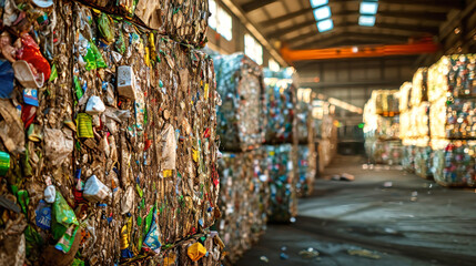 Fototapeta premium Stack of Plastic Bottles at Garbage Processing Plant