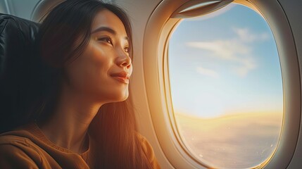 Fototapeta premium Smiling woman enjoying the view from an airplane window.