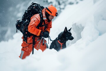 Avalanche Survivor Search: Rescuer In Orange Uniform And Dog Brave Snowy Conditions